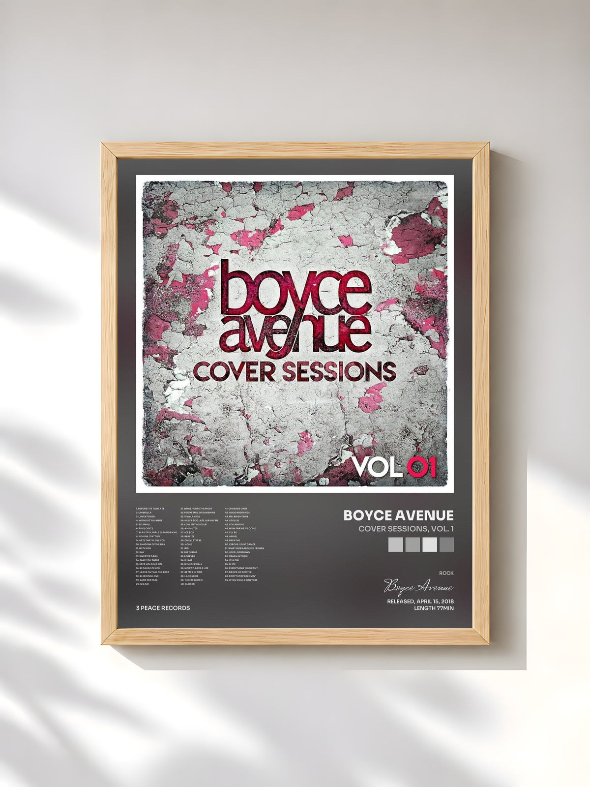 #bois Tableau de l'album Cover Sessions, Vol. 1 de Boyce Avenue, cadre en bois brut, imprimé et encadré en France