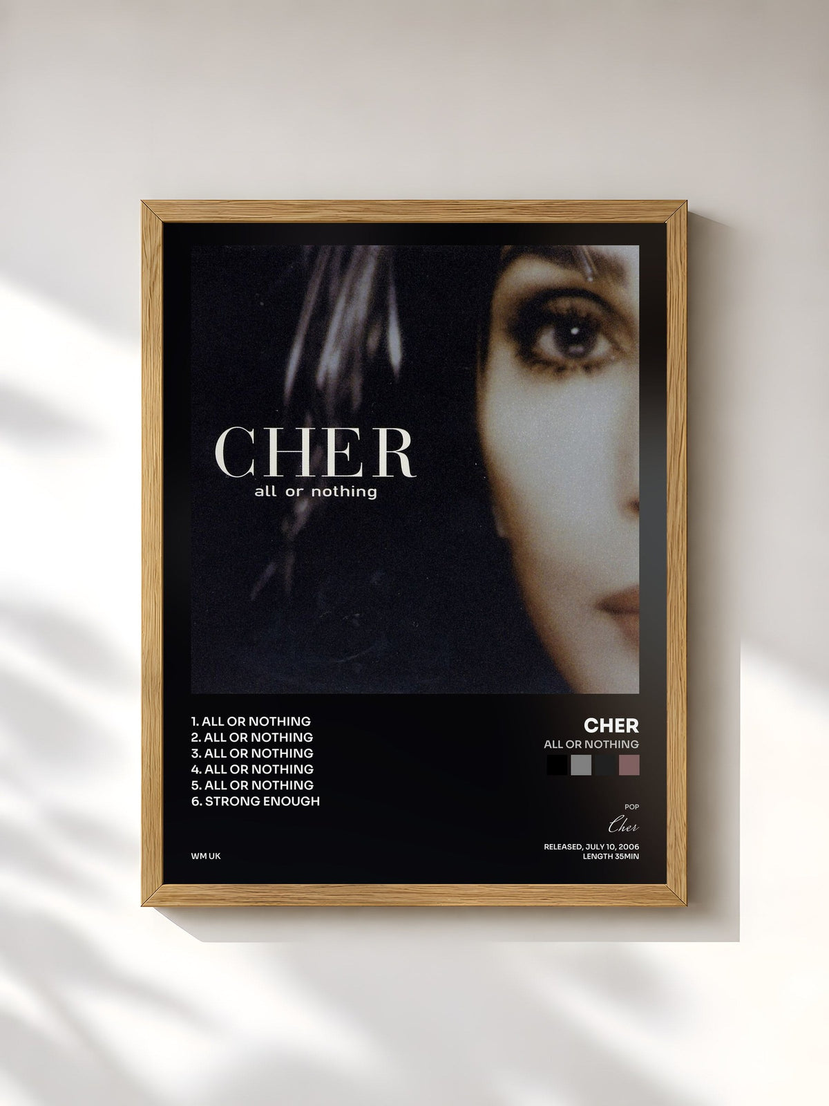 #bois Tableau de l'album All or Nothing de Cher, cadre en bois brut, imprimé et encadré en France