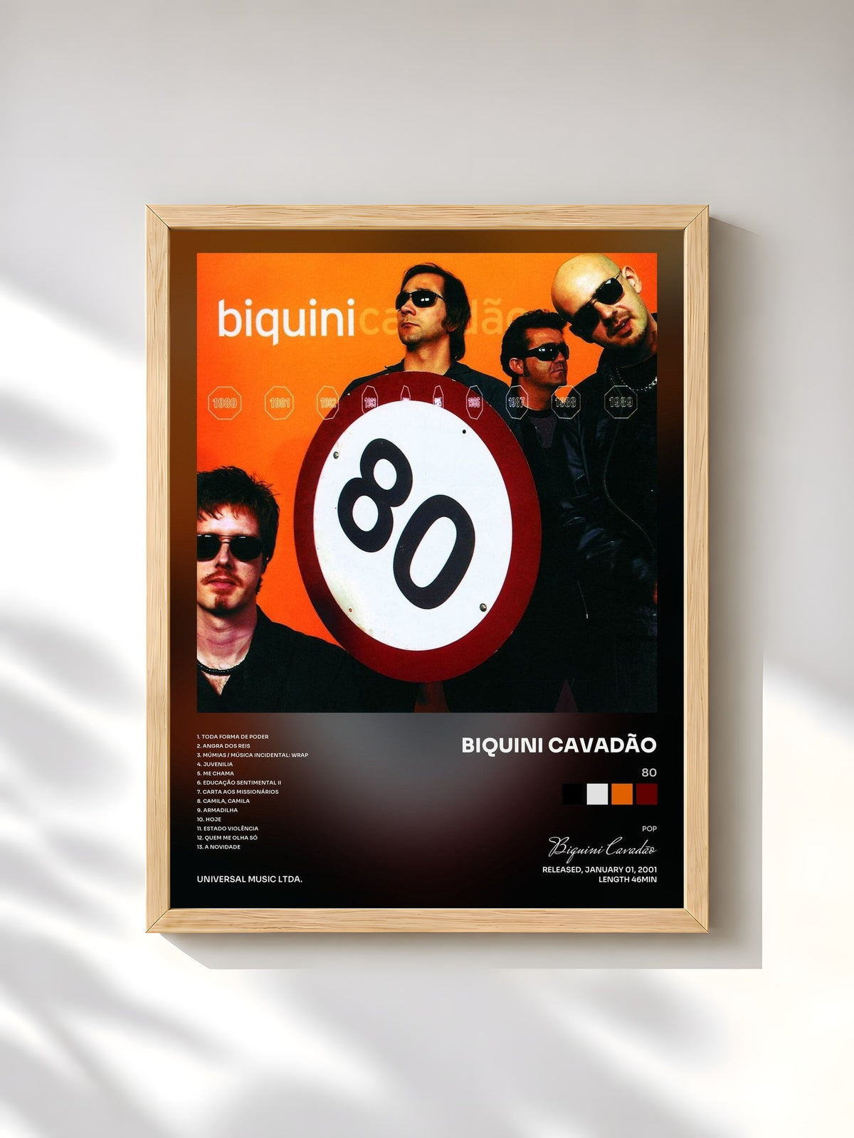 #bois Tableau de l'album 80 de Biquini Cavadão, cadre en bois brut, imprimé et encadré en France