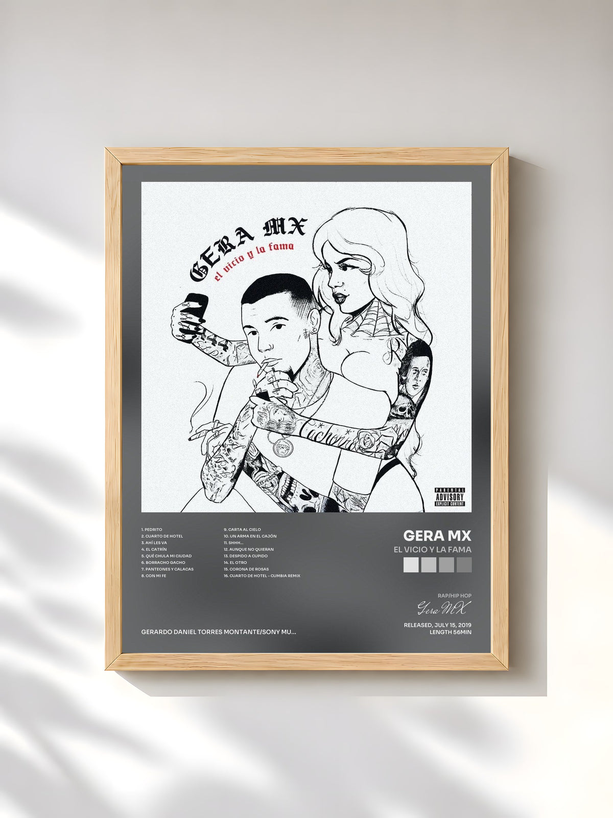 #bois Tableau de l'album El Vicio y la Fama de Gera MX, cadre en bois brut, imprimé et encadré en France