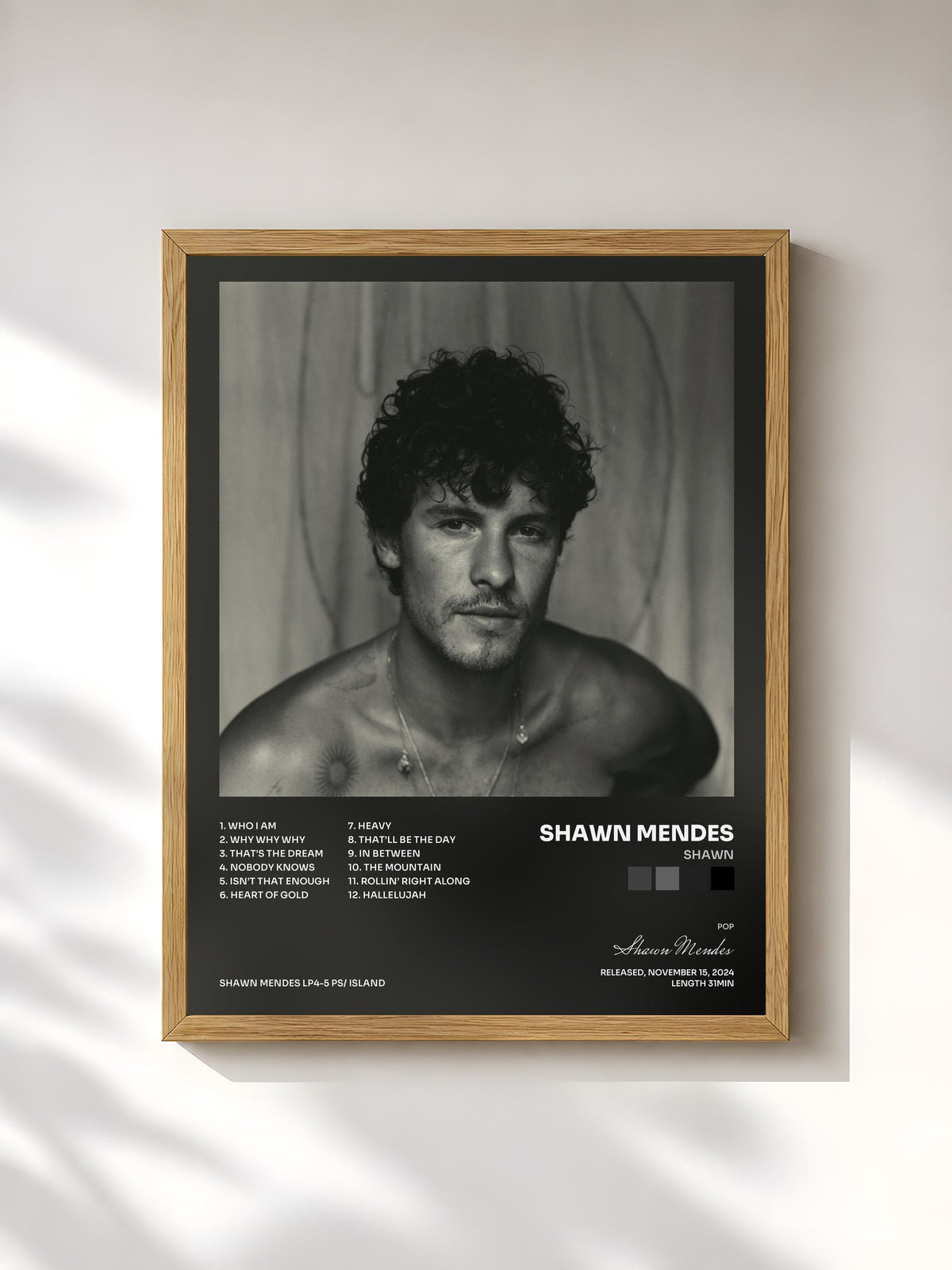 #bois Tableau de l'album Shawn de Shawn Mendes, cadre en bois brut, imprimé et encadré en France