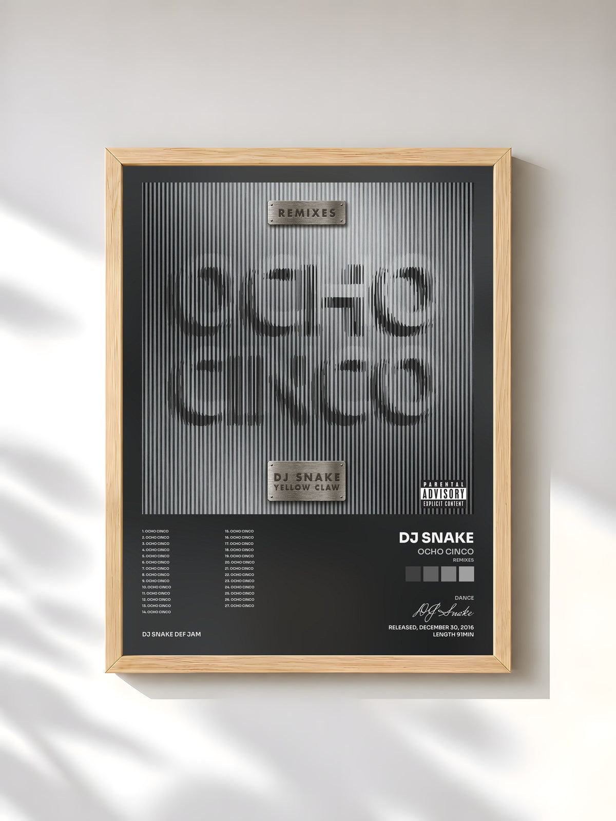 #bois Tableau de l'album Ocho Cinco (Remixes) de DJ Snake, cadre en bois brut, imprimé et encadré en France