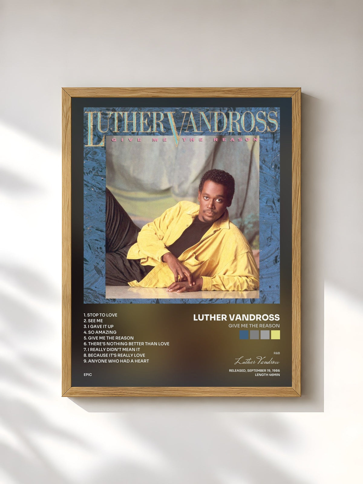 #bois Tableau de l'album Give Me The Reason de Luther Vandross, cadre en bois brut, imprimé et encadré en France