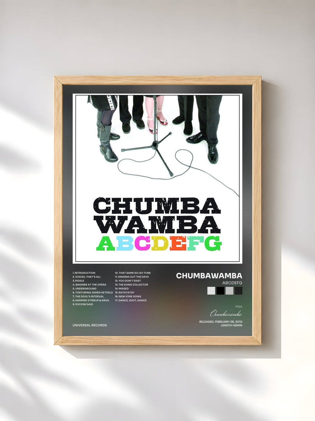 #bois Tableau de l'album ABCDEFG de Chumbawamba, cadre en bois brut, imprimé et encadré en France