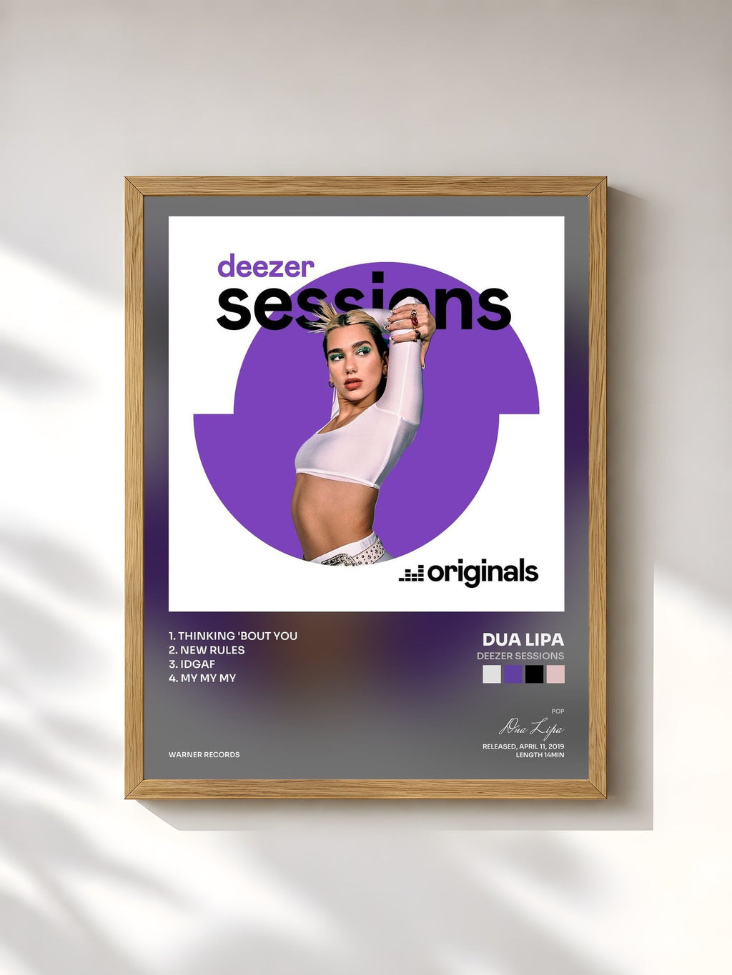 #bois Tableau de l'album Deezer Sessions de Dua Lipa, cadre en bois brut, imprimé et encadré en France