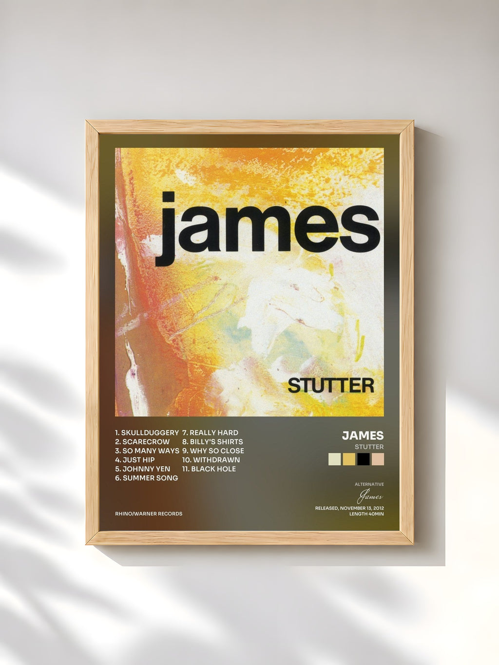 #bois Tableau de l'album Stutter de James, cadre en bois brut, imprimé et encadré en France