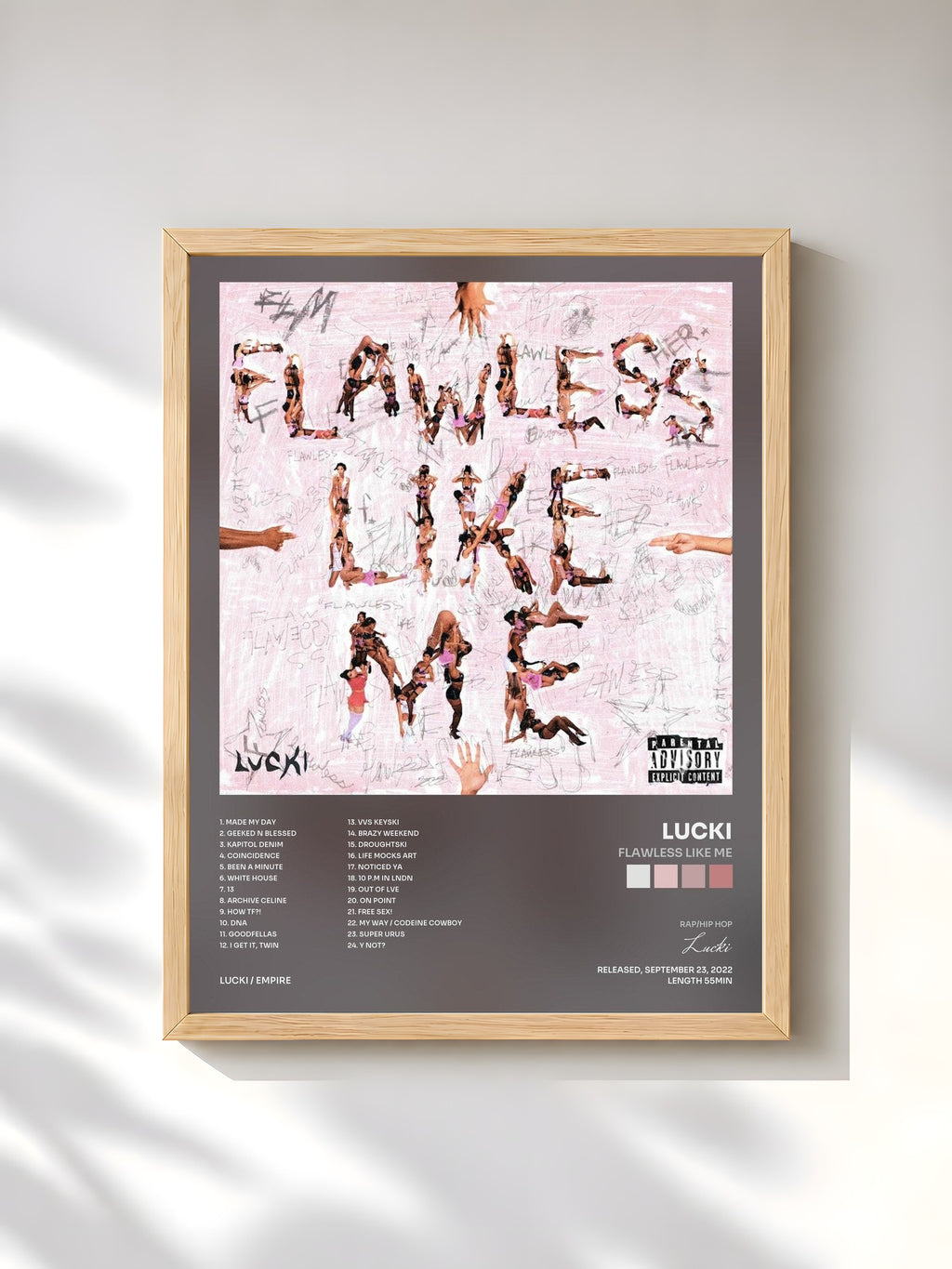 #bois Tableau de l'album FLAWLESS LIKE ME de Lucki, cadre en bois brut, imprimé et encadré en France