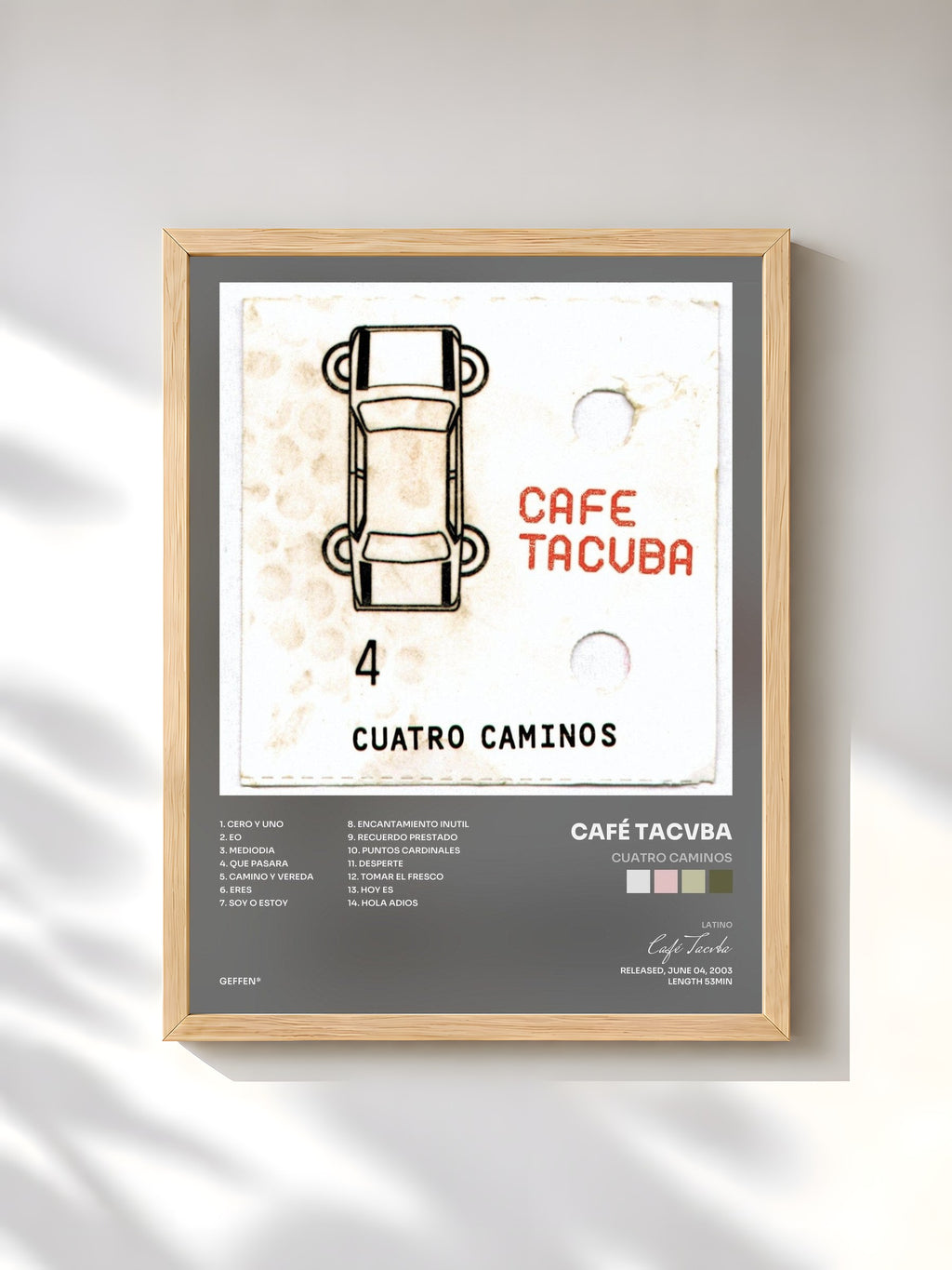#bois Tableau de l'album Cuatro Caminos de Café Tacvba, cadre en bois brut, imprimé et encadré en France
