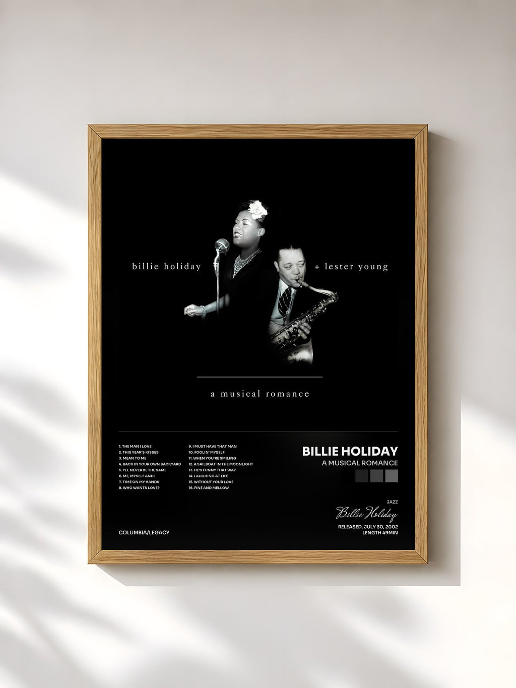#bois Tableau de l'album A Musical Romance de Billie Holiday, cadre en bois brut, imprimé et encadré en France