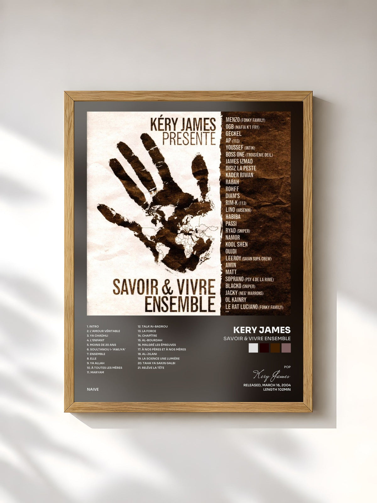 #bois Tableau de l'album Savoir & vivre ensemble de Kery James, cadre en bois brut, imprimé et encadré en France
