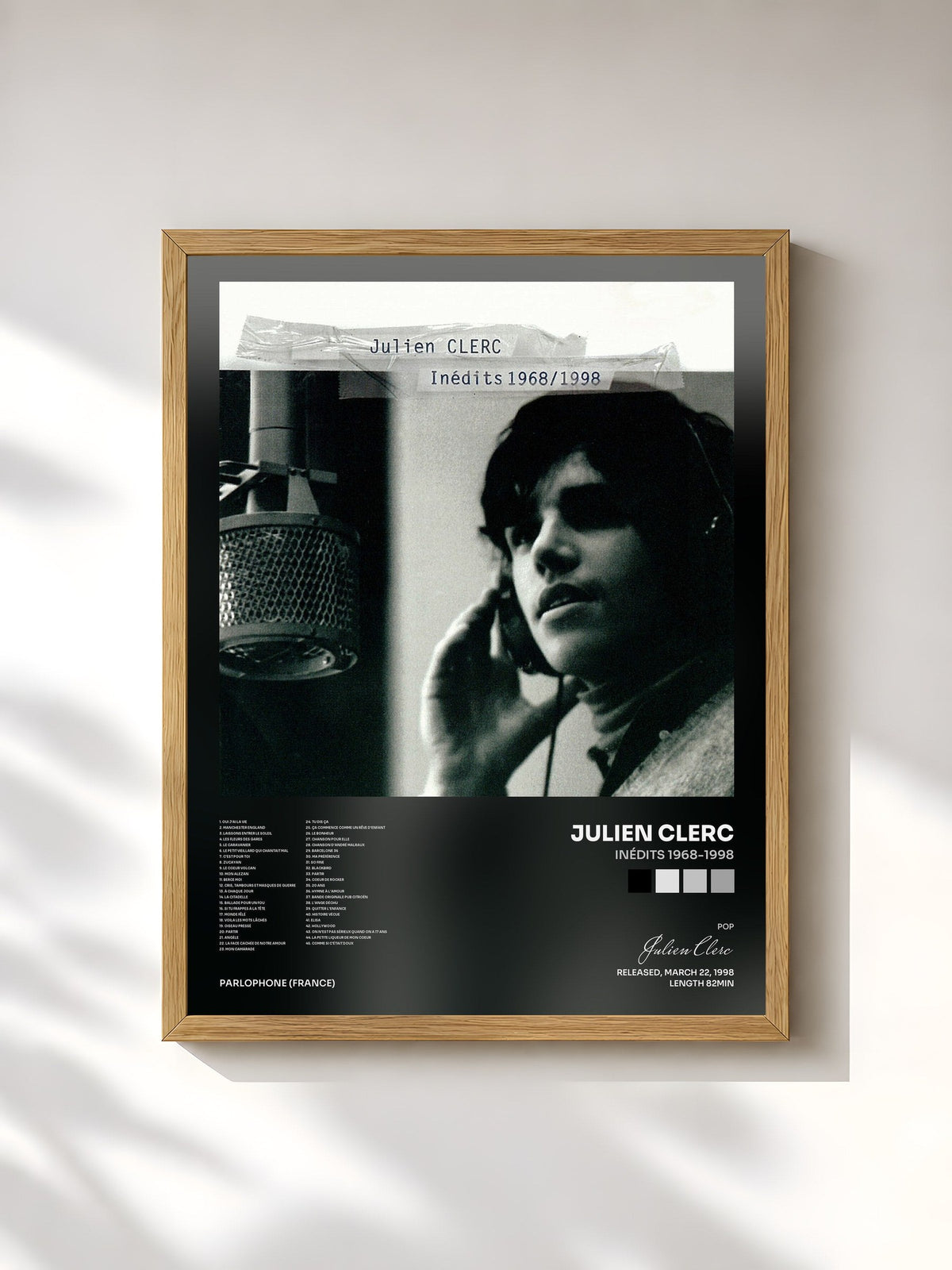 #bois Tableau de l'album Inédits 1968-1998 de Julien Clerc, cadre en bois brut, imprimé et encadré en France