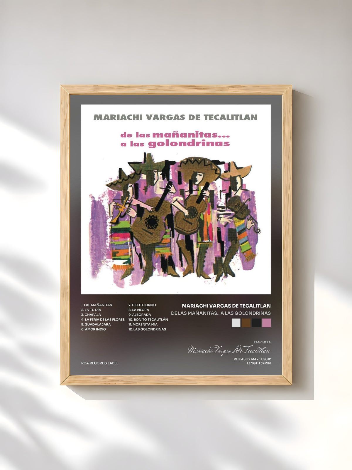 #bois Tableau de l'album De las Mañanitas.. a las Golondrinas de Mariachi Vargas De Tecalitlan, cadre en bois brut, imprimé et encadré en France