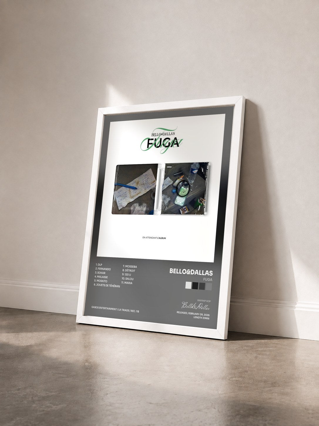 #blanc Tableau de l'album FUGA de Bello&Dallas vu de trois quarts, cadre blanc