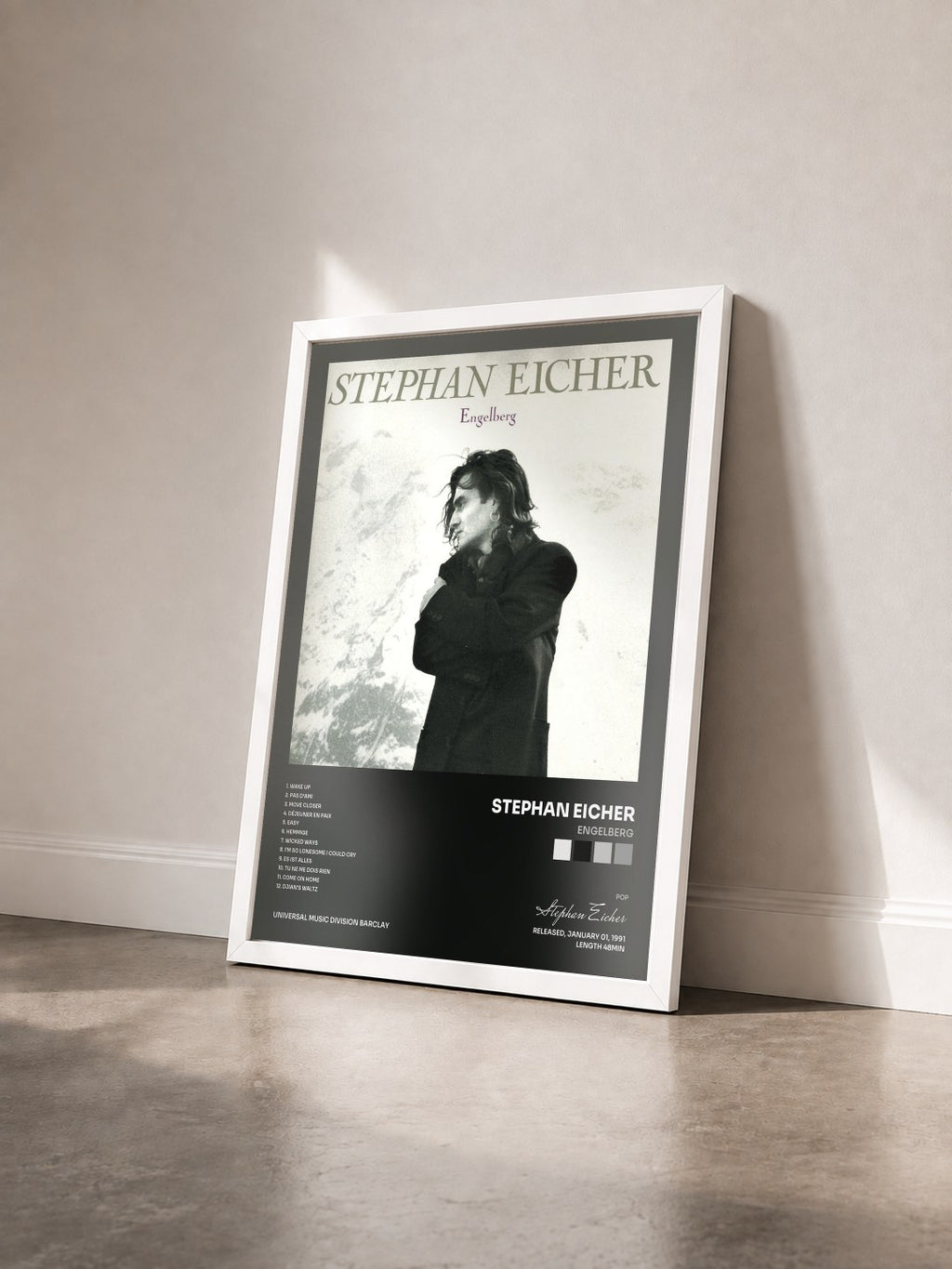 #blanc Tableau de l'album Engelberg de Stephan Eicher vu de trois quarts, cadre blanc