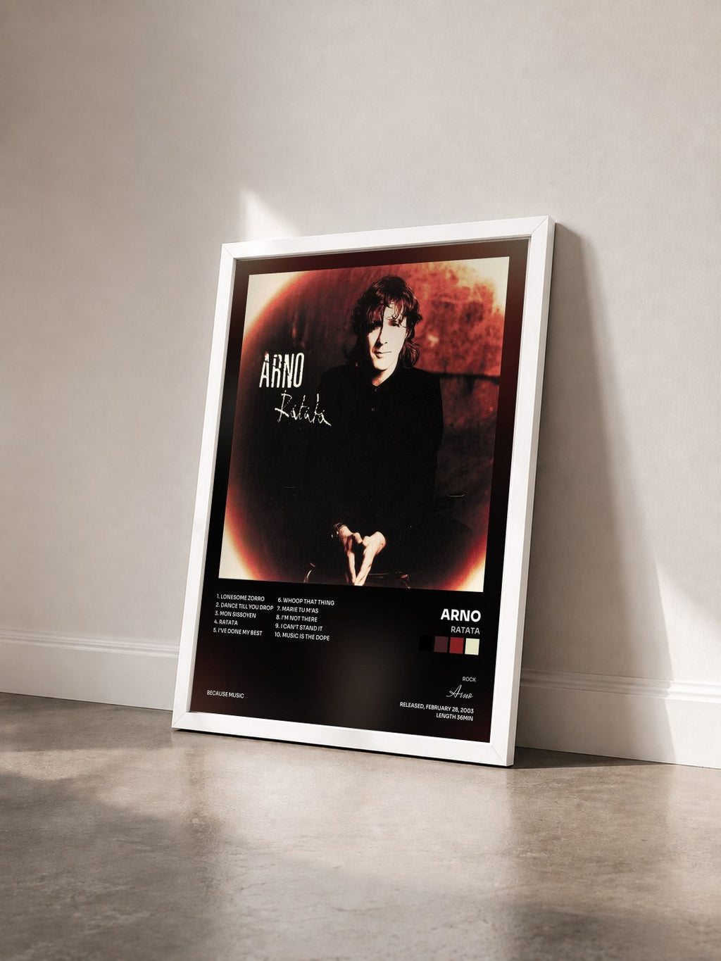 #blanc Tableau de l'album Ratata de Arno vu de trois quarts, cadre blanc