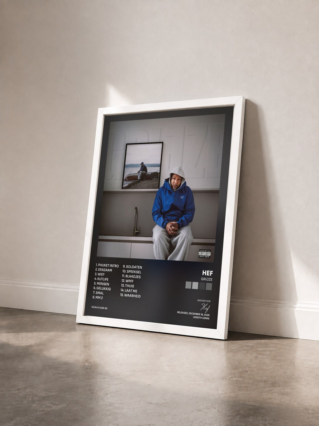 #blanc Tableau de l'album Grijze de Hef vu de trois quarts, cadre blanc