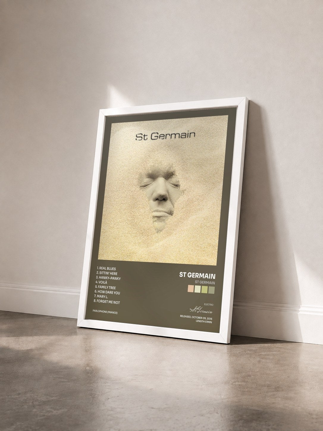 #blanc Tableau de l'album St Germain de St Germain vu de trois quarts, cadre blanc
