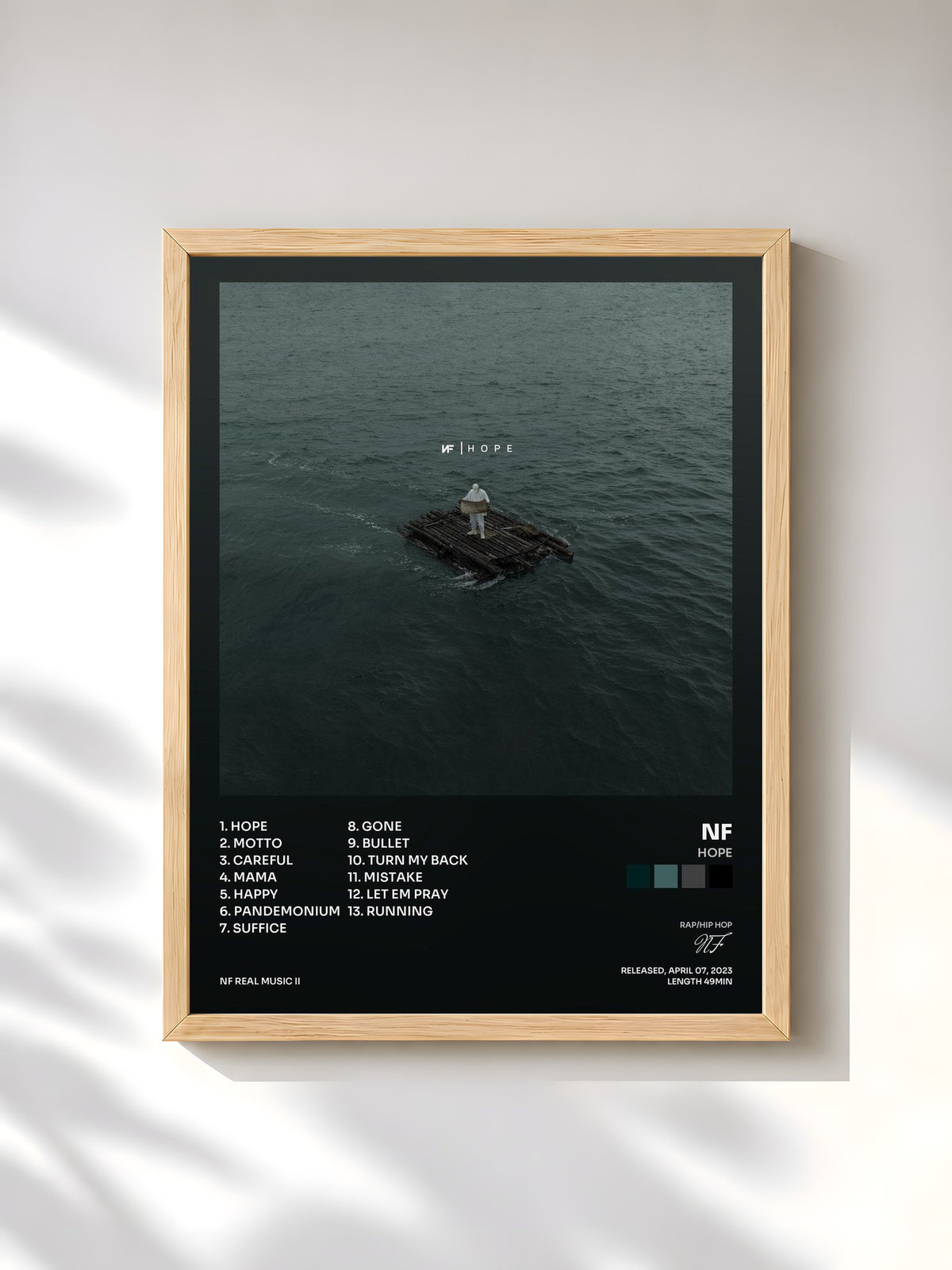 #bois Tableau de l'album HOPE de NF, cadre en bois brut, imprimé et encadré en France