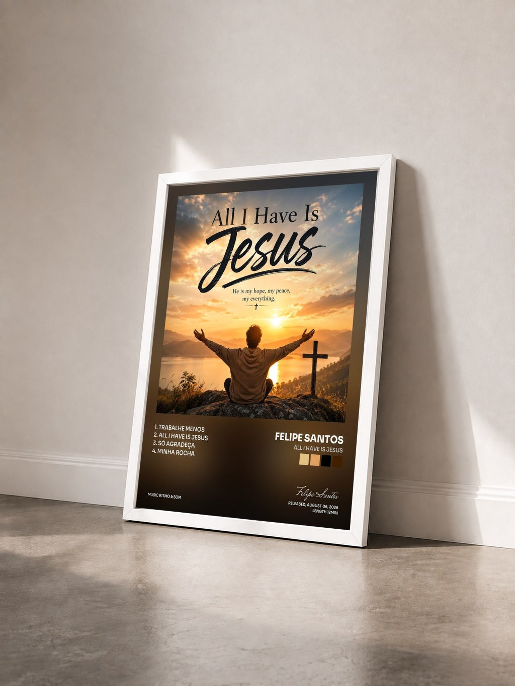 #blanc Tableau de l'album All I Have Is Jesus de Felipe Santos vu de trois quarts, cadre blanc