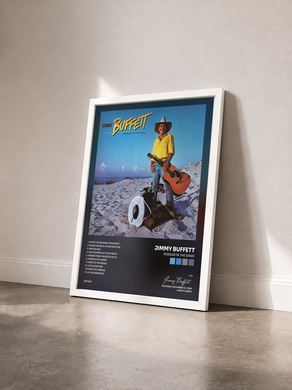 #blanc Tableau de l'album Riddles In The Sand de Jimmy Buffett vu de trois quarts, cadre blanc