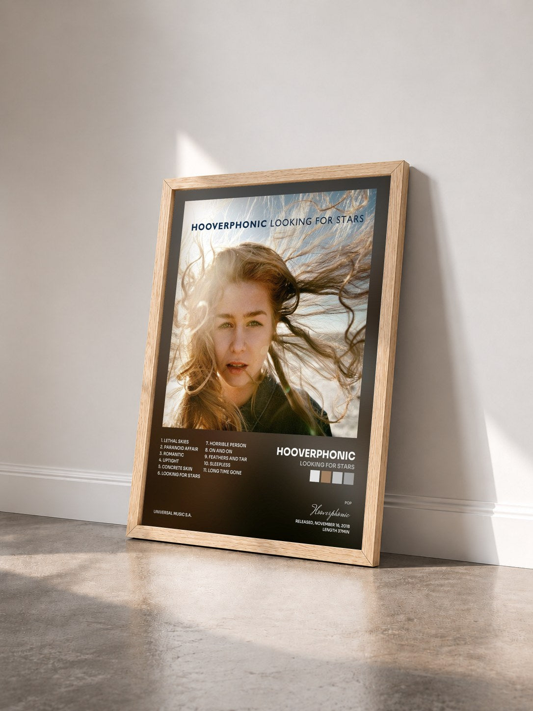 #bois Tableau de l'album Looking For Stars de Hooverphonic vu de trois quarts, cadre en bois brut