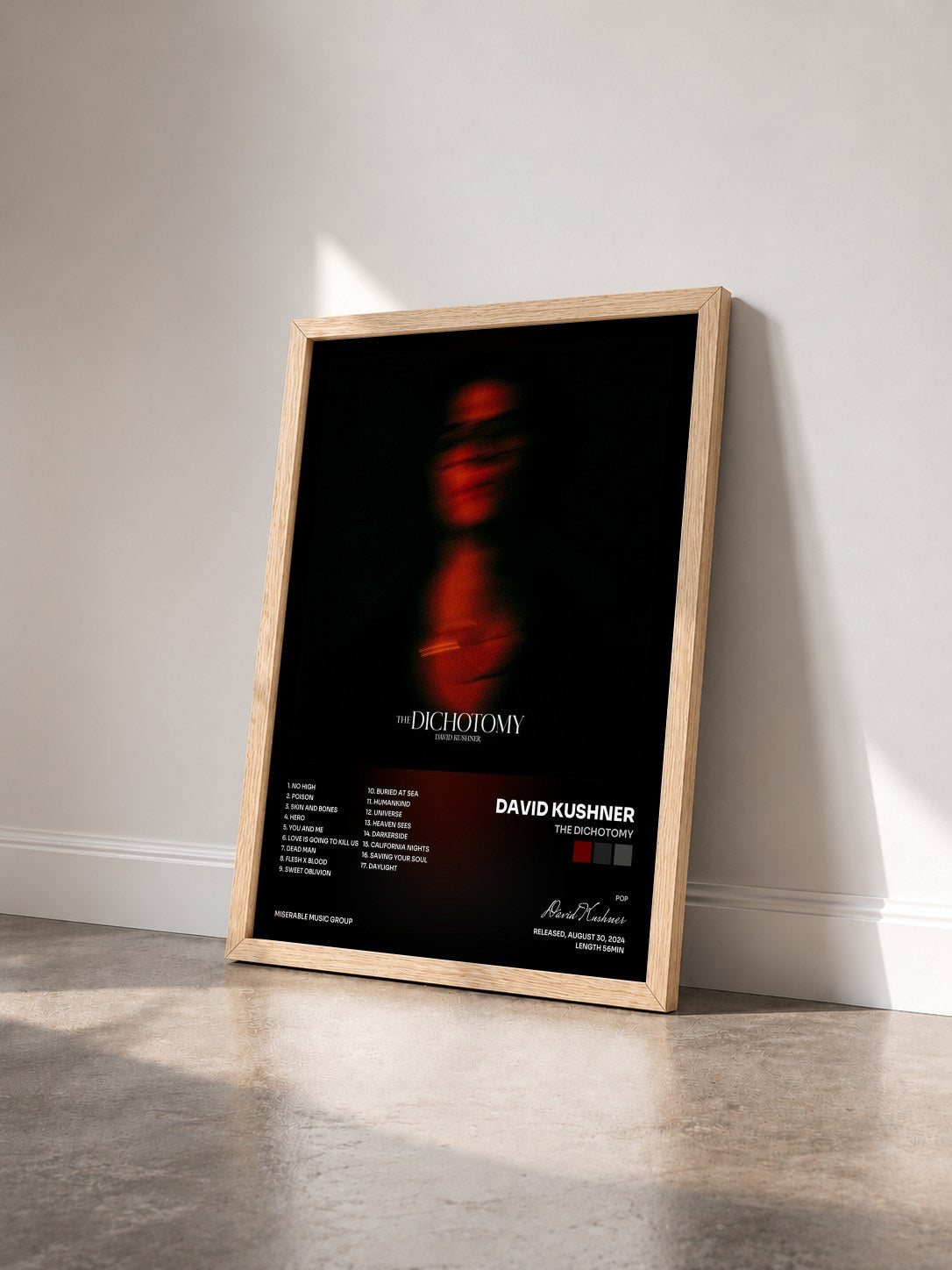 #bois Tableau de l'album The Dichotomy de David Kushner vu de trois quarts, cadre en bois brut