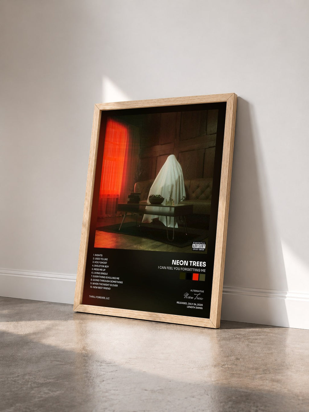 #bois Tableau de l'album I Can Feel You Forgetting Me de Neon Trees vu de trois quarts, cadre en bois brut