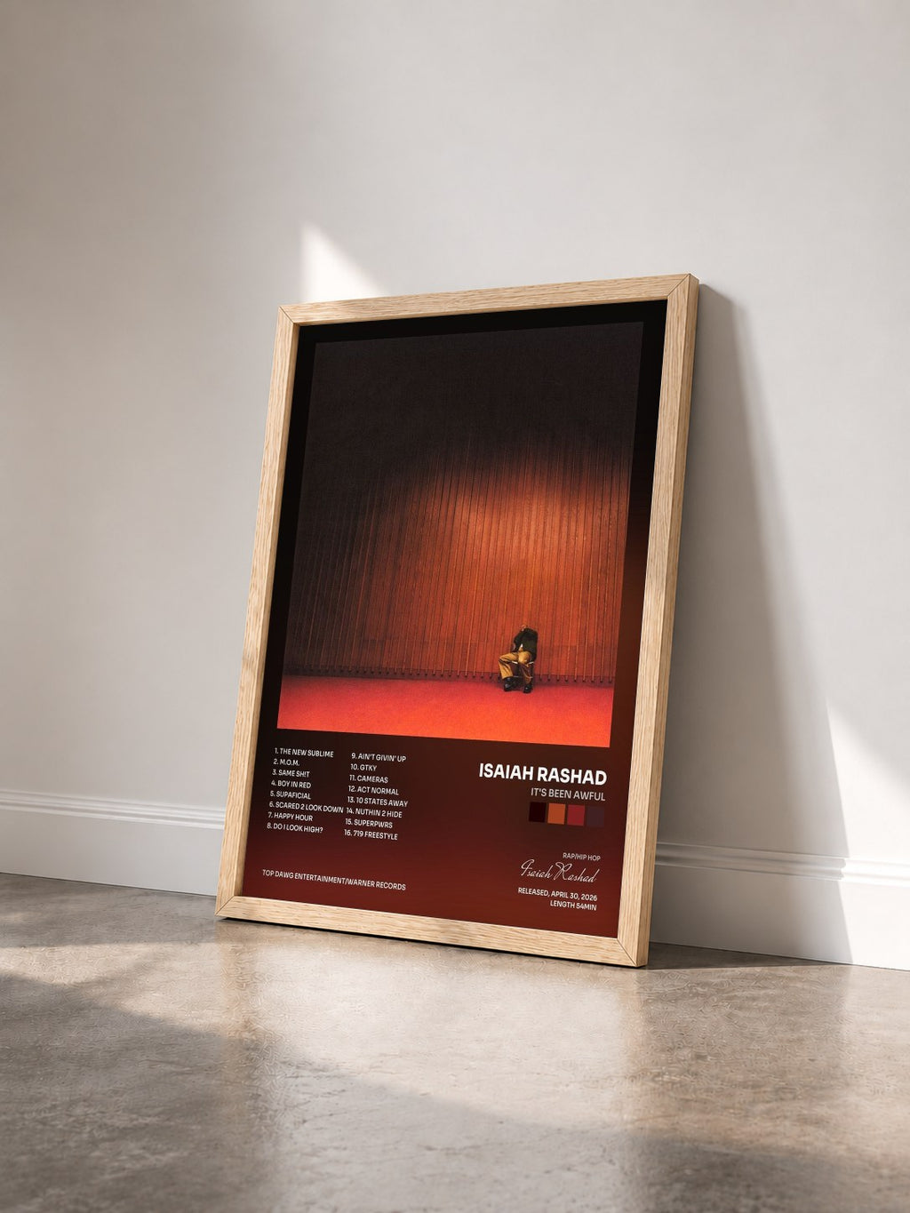 #bois Tableau de l'album IT'S BEEN AWFUL de Isaiah Rashad vu de trois quarts, cadre en bois brut