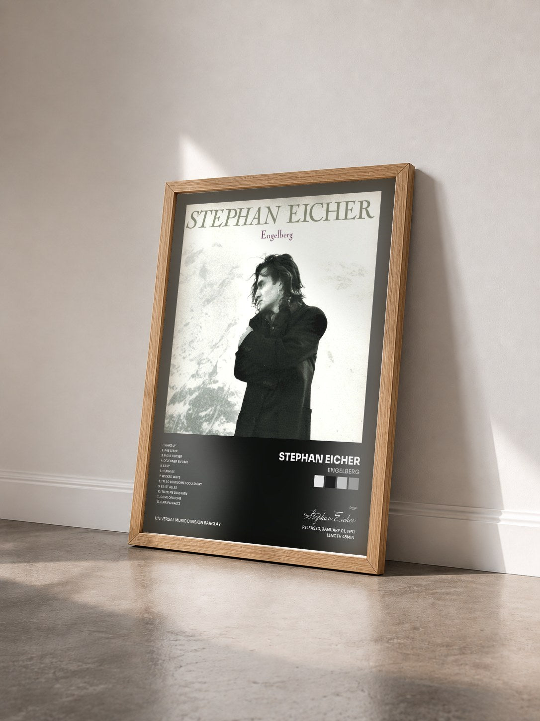#bois Tableau de l'album Engelberg de Stephan Eicher vu de trois quarts, cadre en bois brut
