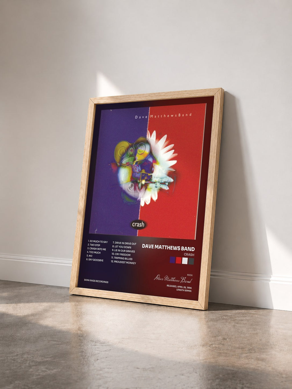 #bois Tableau de l'album Crash de Dave Matthews Band vu de trois quarts, cadre en bois brut