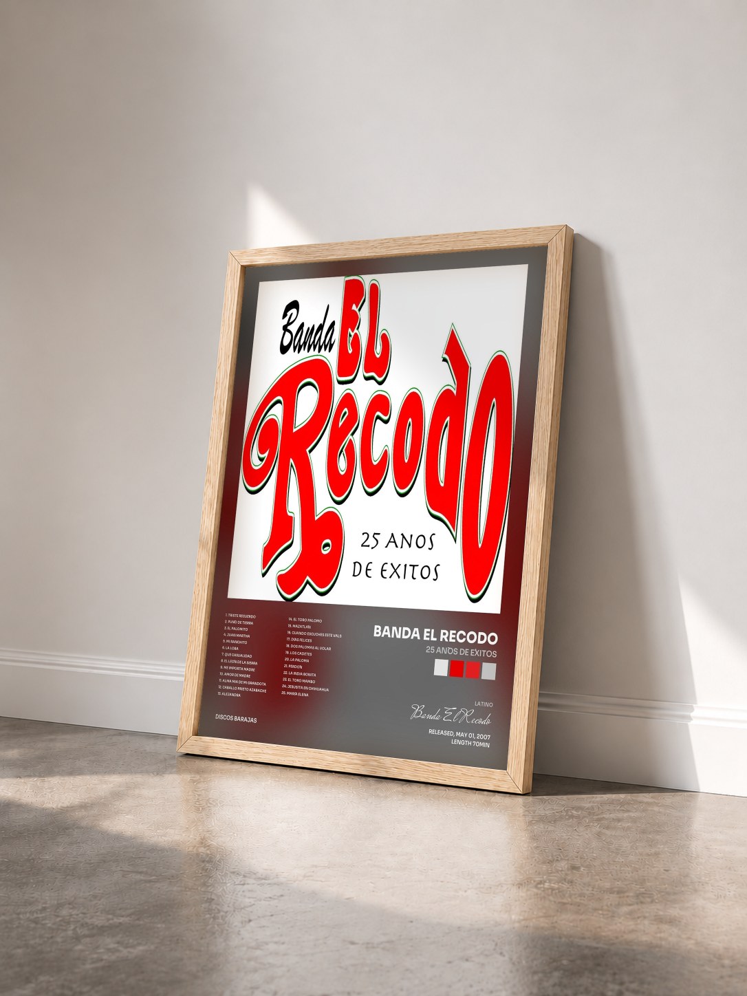 #bois Tableau de l'album 25 Años De Éxitos de Banda El Recodo vu de trois quarts, cadre en bois brut