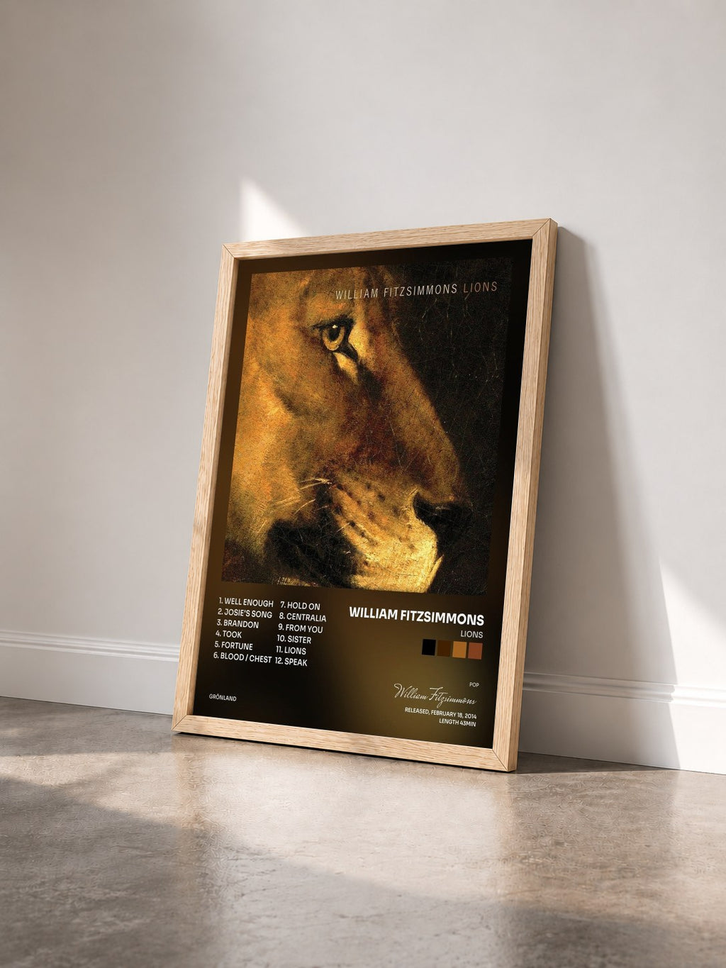 #bois Tableau de l'album Lions de William Fitzsimmons vu de trois quarts, cadre en bois brut