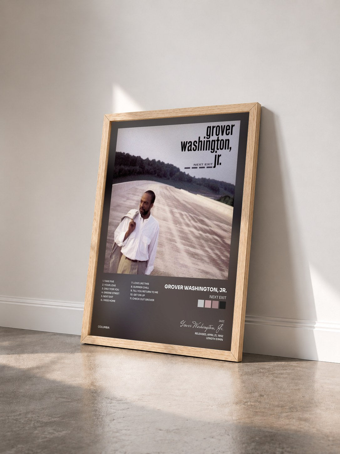 #bois Tableau de l'album Next Exit de Grover Washington, Jr. vu de trois quarts, cadre en bois brut