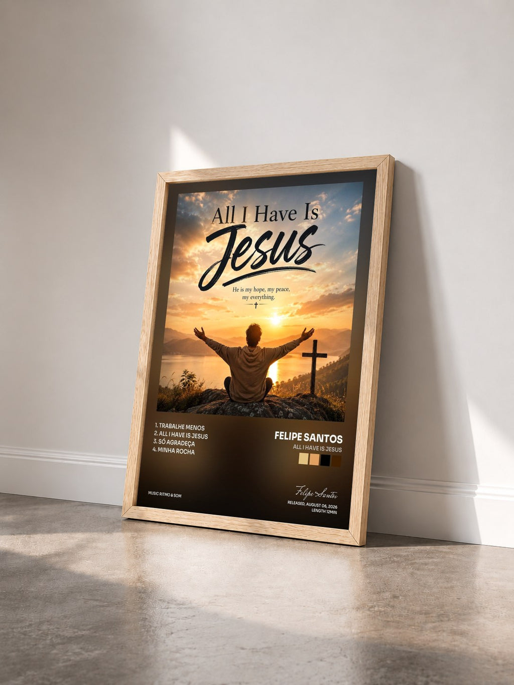 #bois Tableau de l'album All I Have Is Jesus de Felipe Santos vu de trois quarts, cadre en bois brut