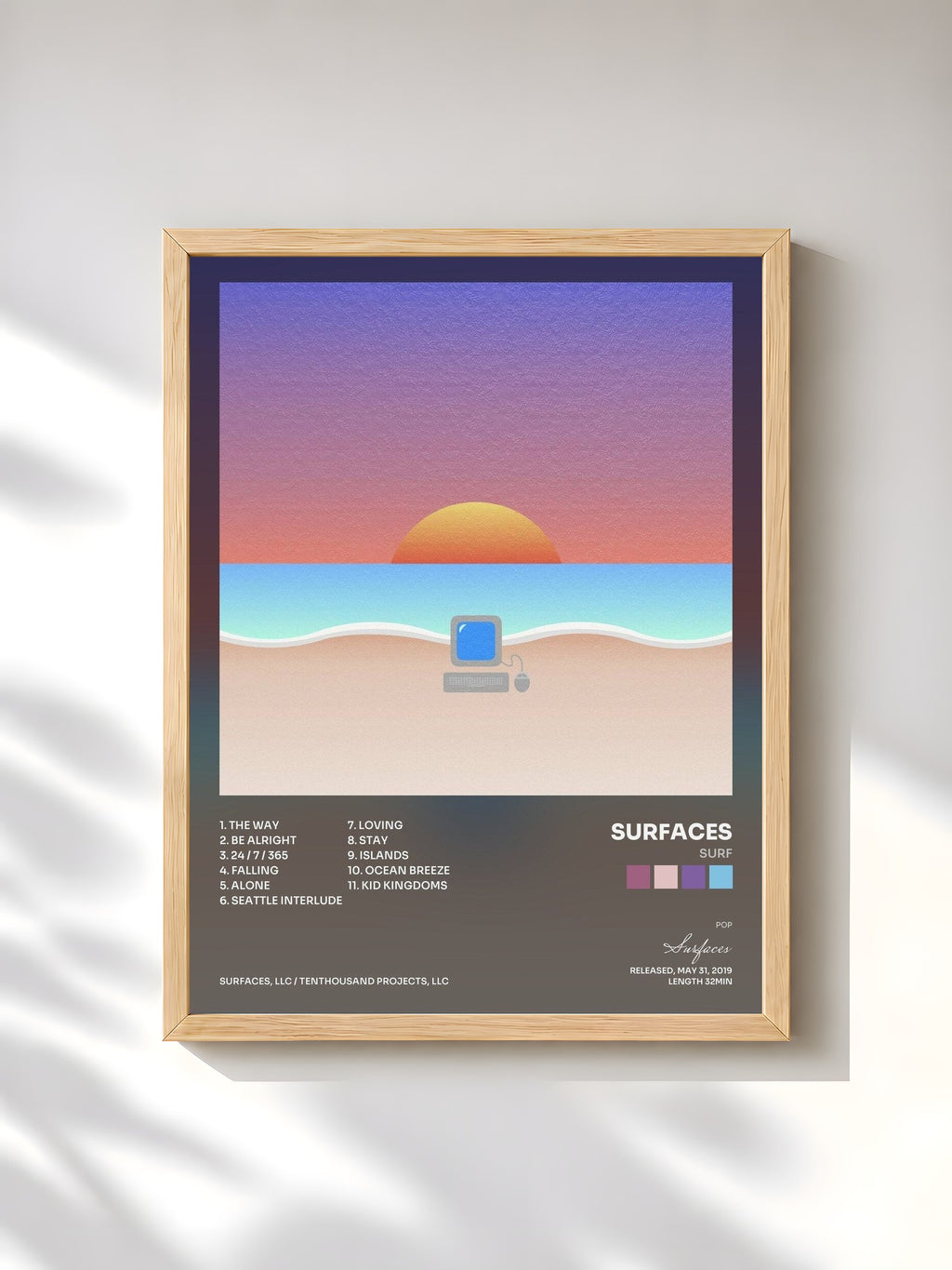 #bois Tableau de l'album Surf de Surfaces, cadre en bois brut, imprimé et encadré en France