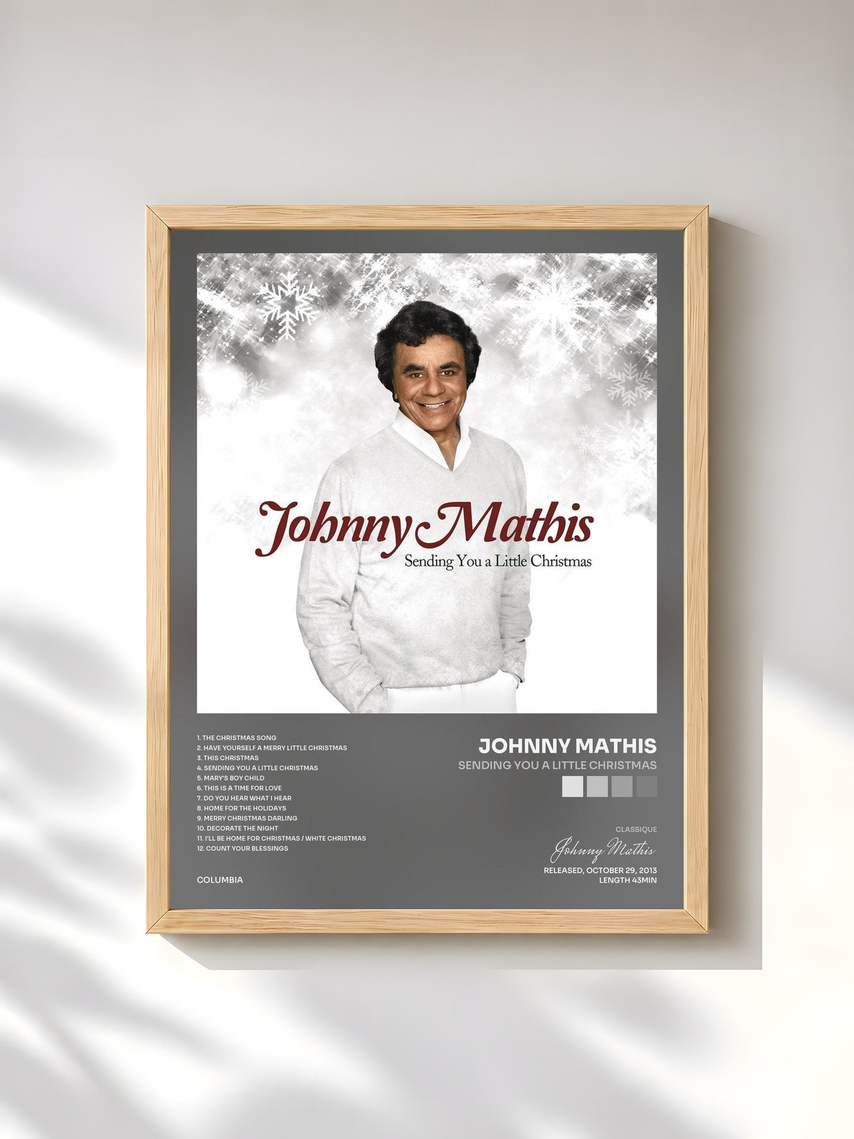 #bois Tableau de l'album Sending You a Little Christmas de Johnny Mathis, cadre en bois brut, imprimé et encadré en France