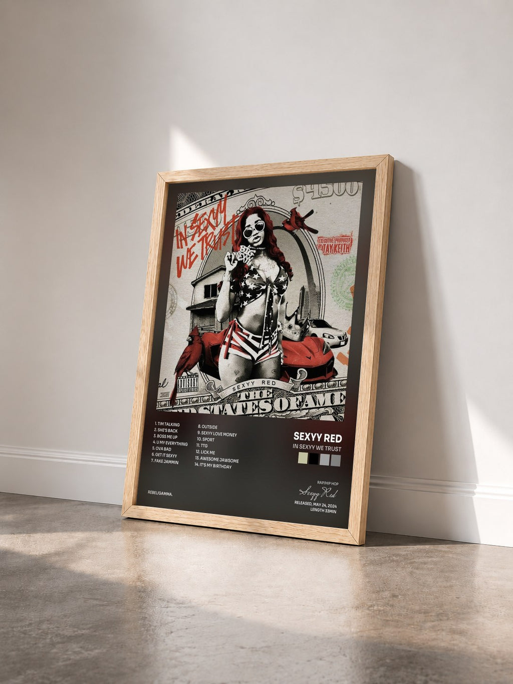 #bois Tableau de l'album In Sexyy We Trust de Sexyy Red vu de trois quarts, cadre en bois brut