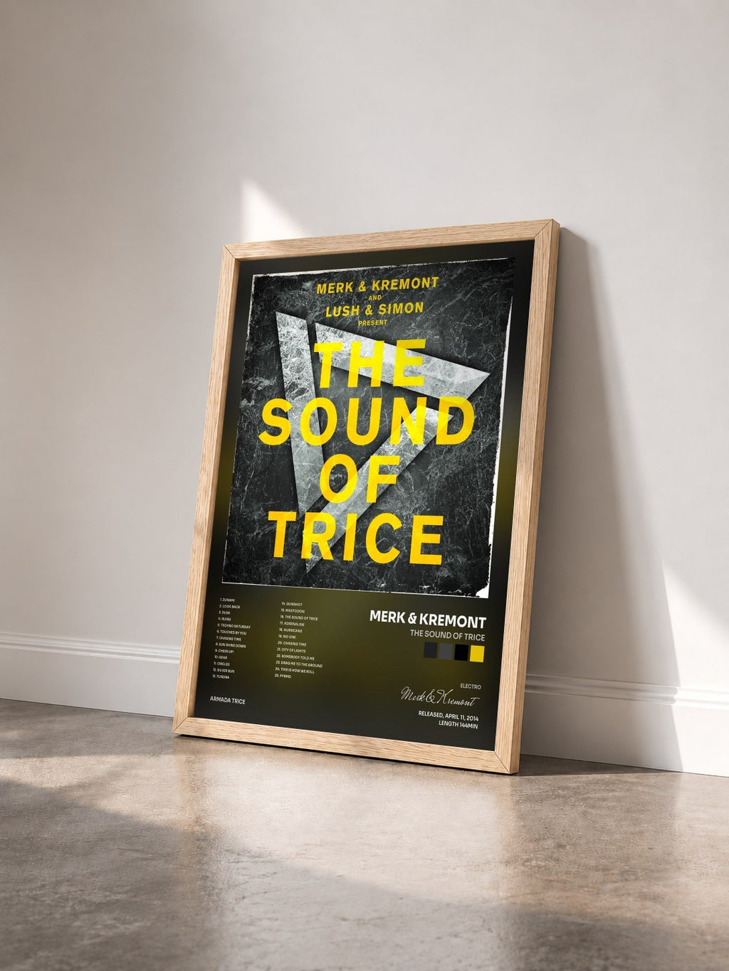 #bois Tableau de l'album The Sound Of Trice de Merk & Kremont vu de trois quarts, cadre en bois brut