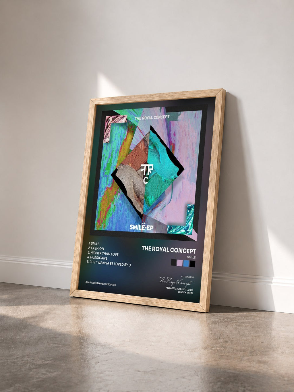 #bois Tableau de l'album Smile de The Royal Concept vu de trois quarts, cadre en bois brut