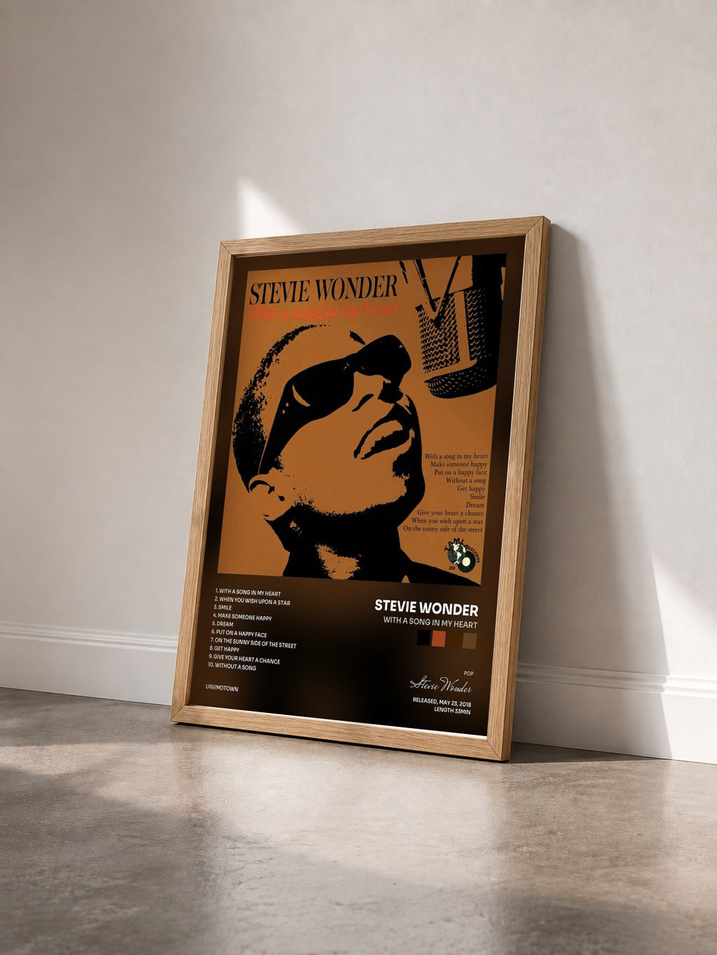 #bois Tableau de l'album With A Song In My Heart de Stevie Wonder vu de trois quarts, cadre en bois brut