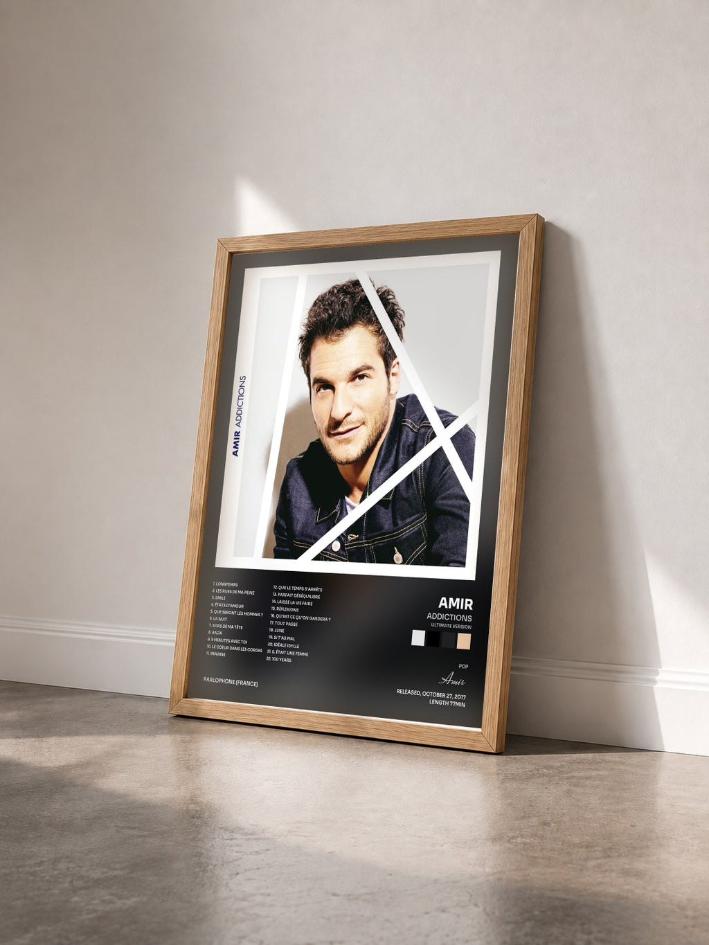#bois Tableau de l'album Addictions (Ultimate Version) de Amir vu de trois quarts, cadre en bois brut