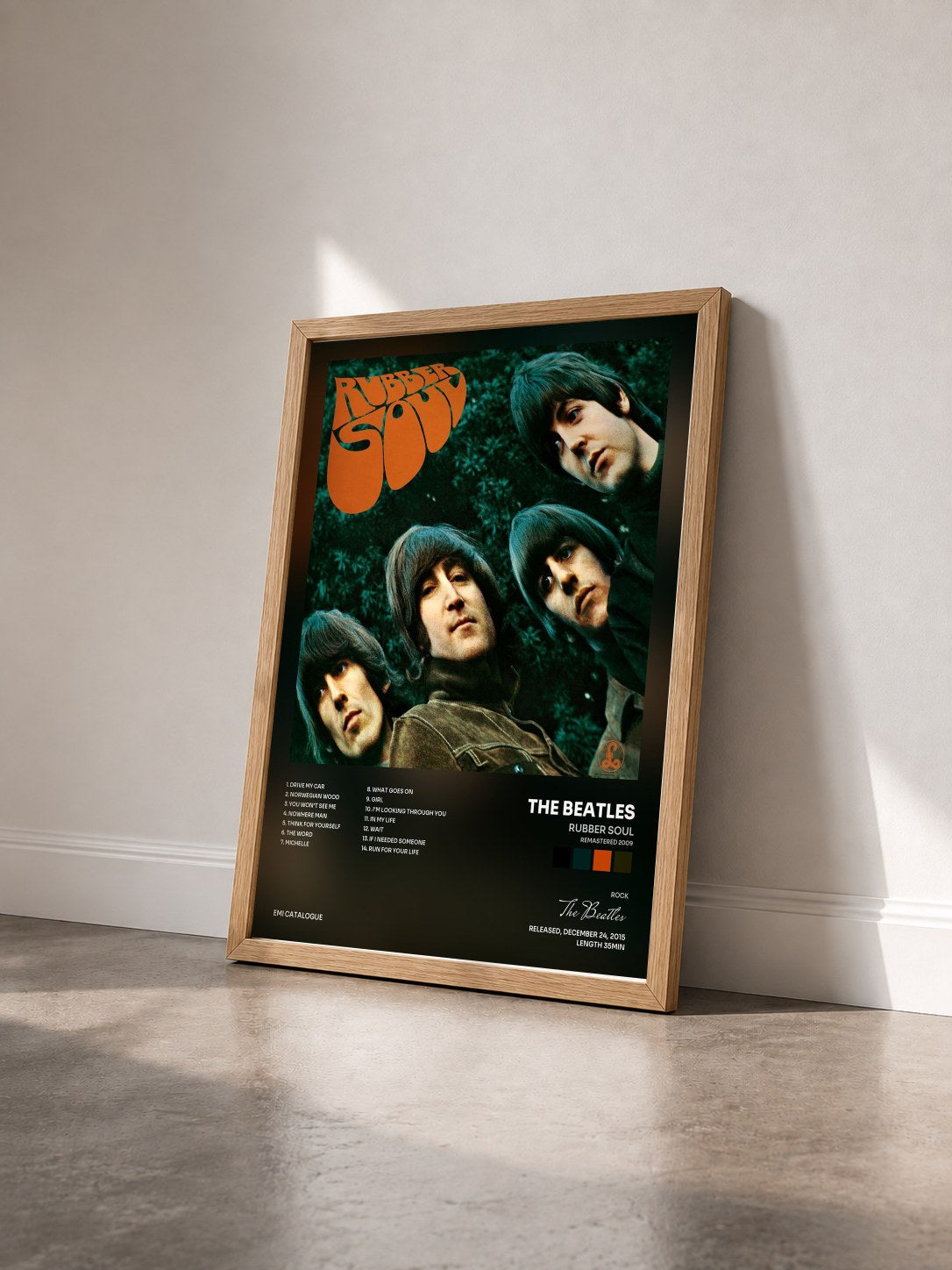 #bois Tableau de l'album Rubber Soul (Remastered 2009) de The Beatles vu de trois quarts, cadre en bois brut