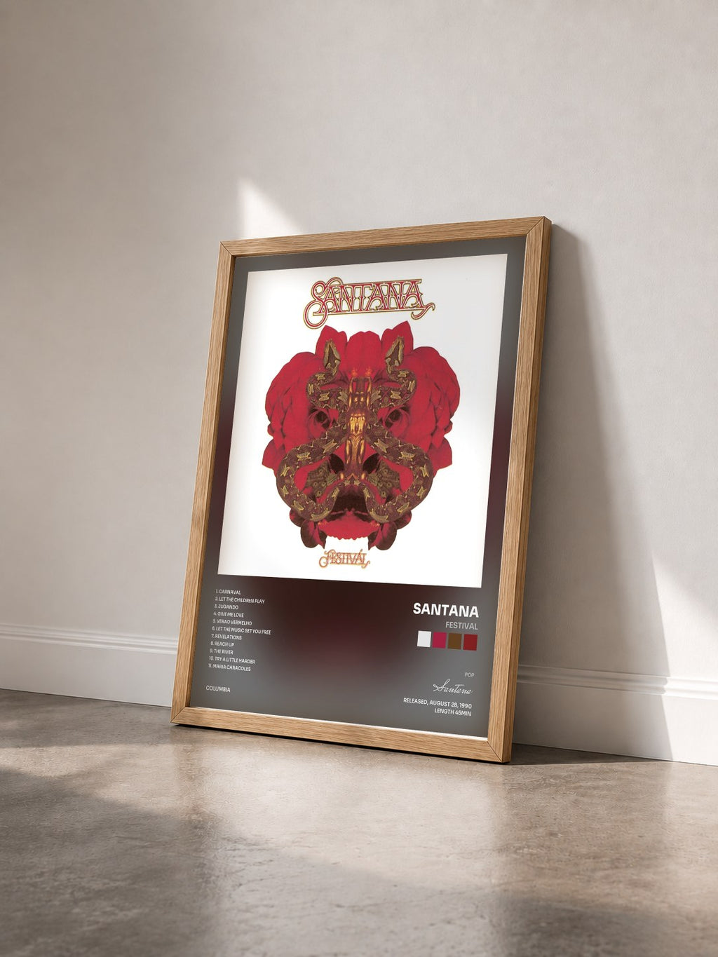 #bois Tableau de l'album FESTIVAL de Santana vu de trois quarts, cadre en bois brut