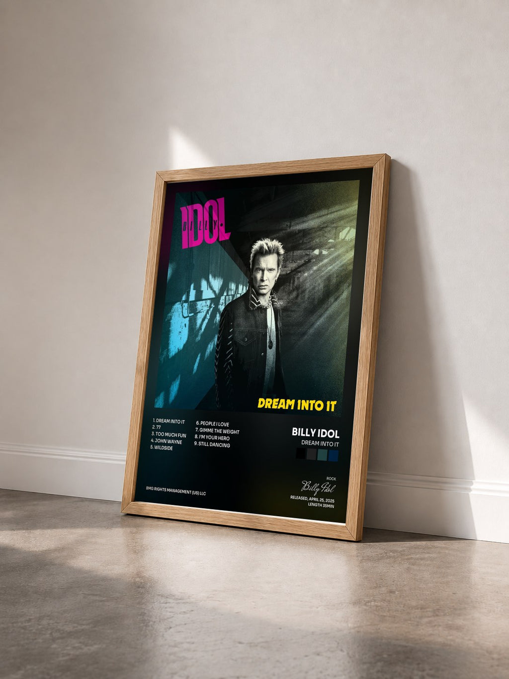 #bois Tableau de l'album Dream Into It de Billy Idol vu de trois quarts, cadre en bois brut