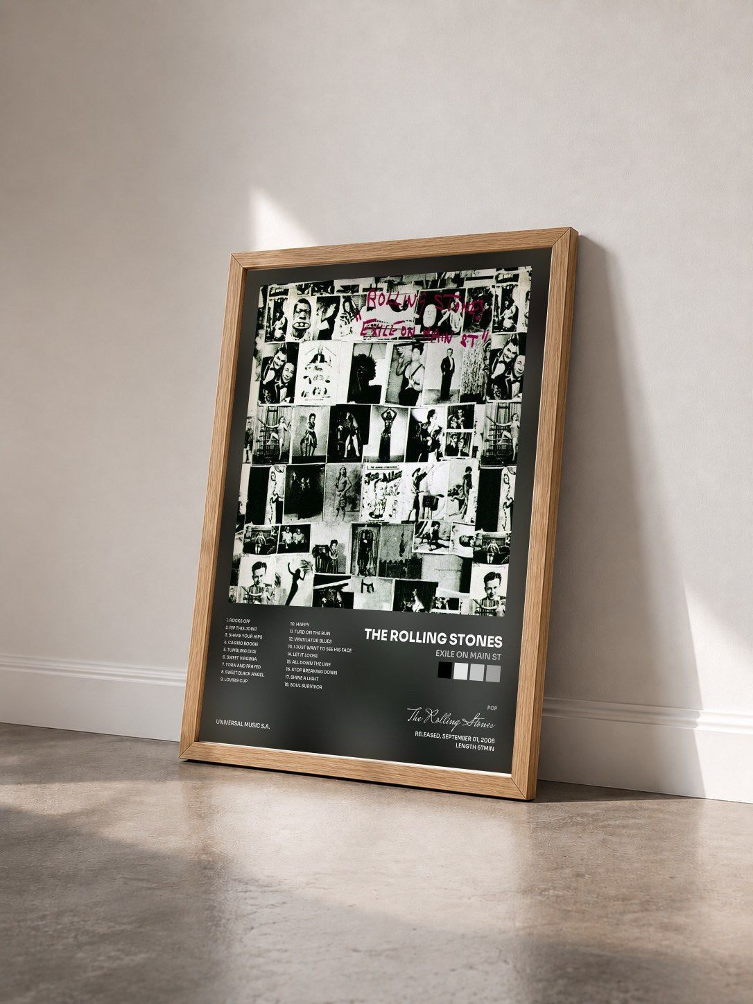 #bois Tableau de l'album Exile On Main St de The Rolling Stones vu de trois quarts, cadre en bois brut