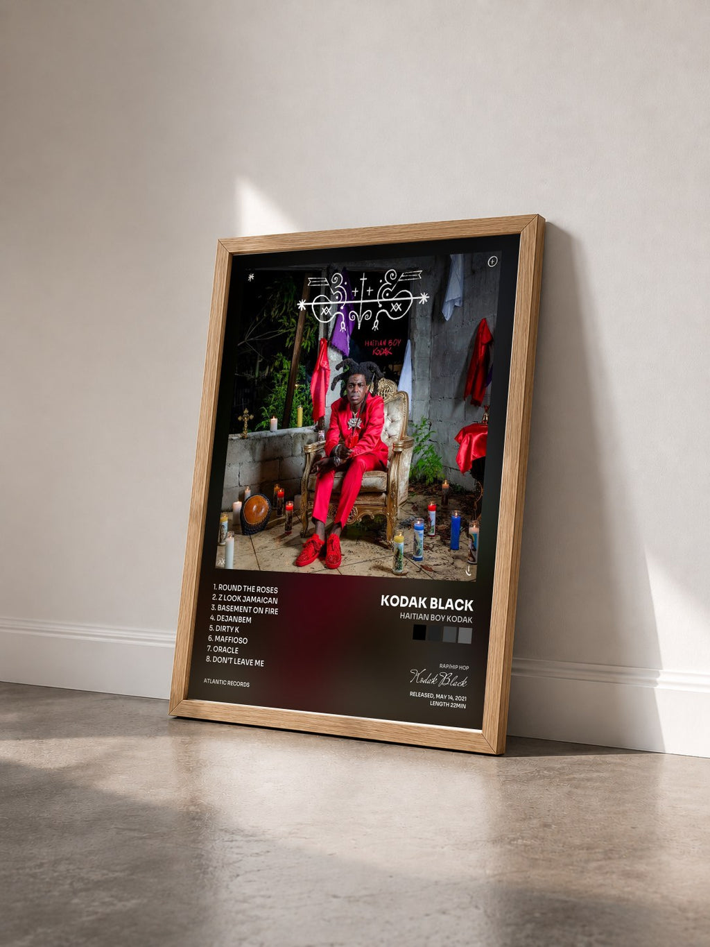 #bois Tableau de l'album Haitian Boy Kodak de Kodak Black vu de trois quarts, cadre en bois brut