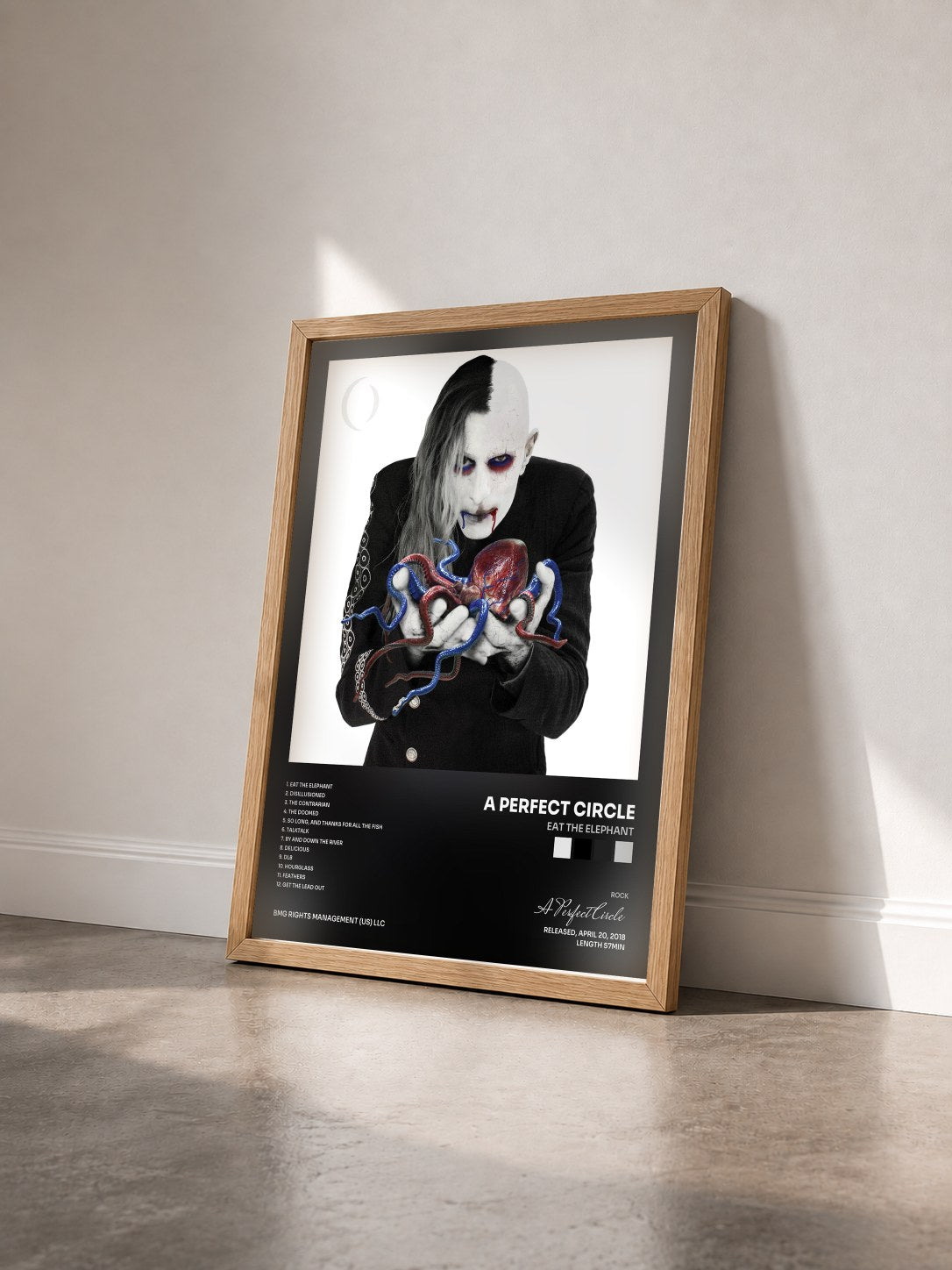 #bois Tableau de l'album Eat The Elephant de A Perfect Circle vu de trois quarts, cadre en bois brut