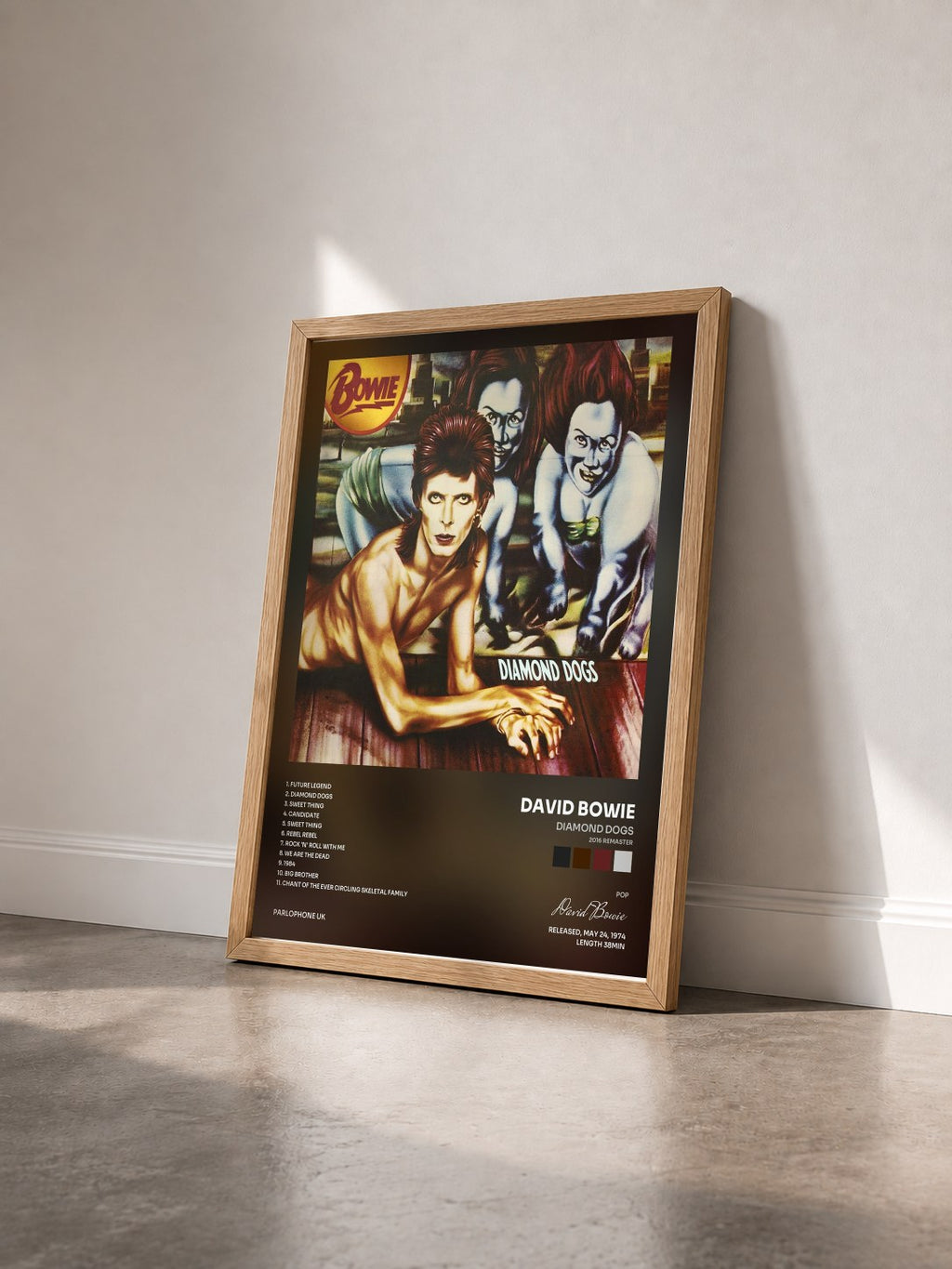 #bois Tableau de l'album Diamond Dogs (2016 Remaster) de David Bowie vu de trois quarts, cadre en bois brut
