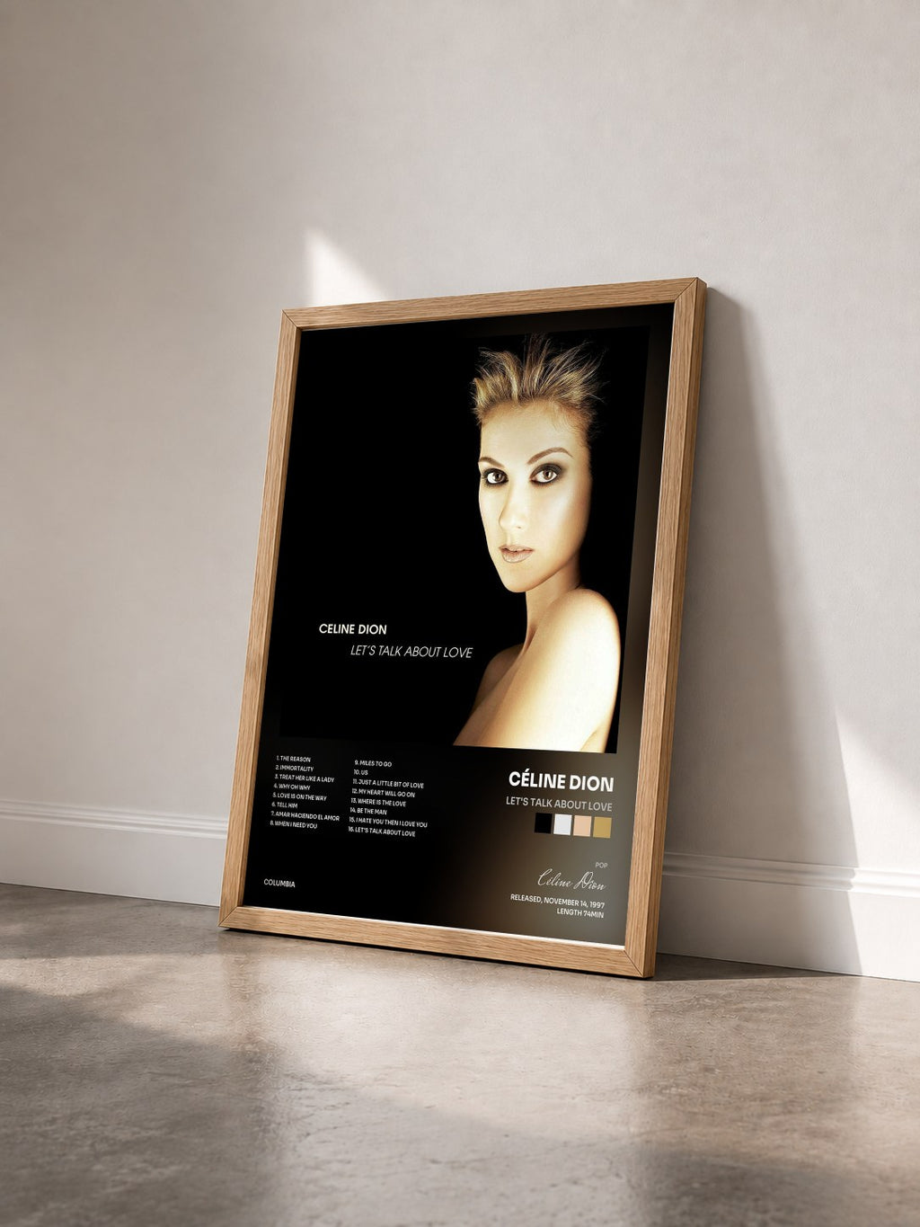 #bois Tableau de l'album Let's Talk About Love de Céline Dion vu de trois quarts, cadre en bois brut
