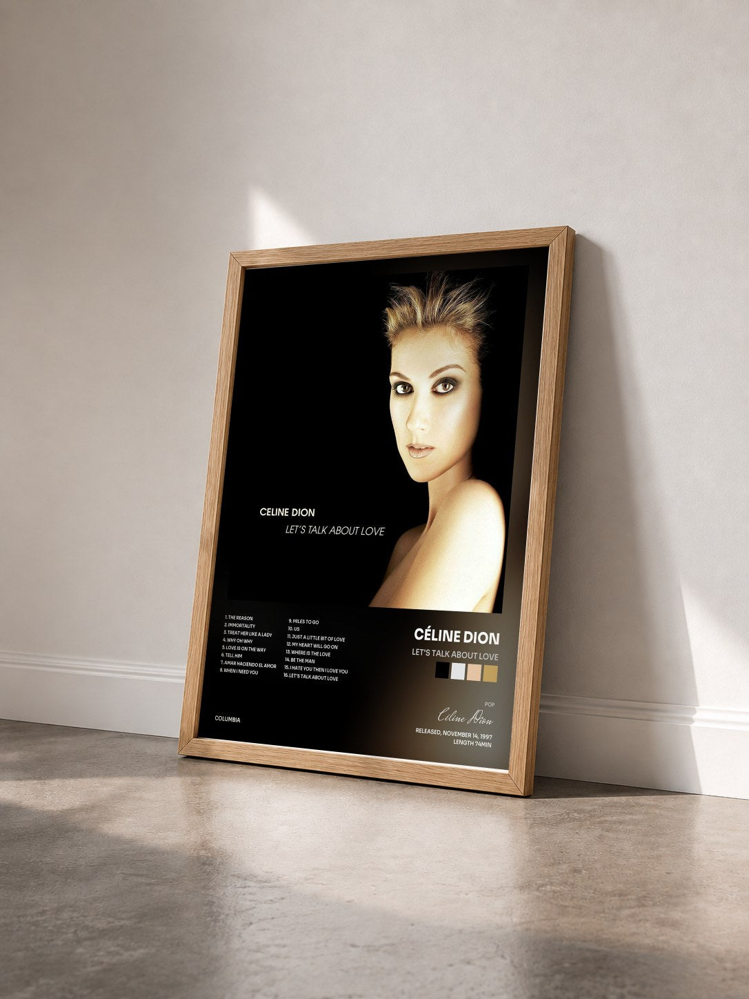 #bois Tableau de l'album Let's Talk About Love de Céline Dion vu de trois quarts, cadre en bois brut